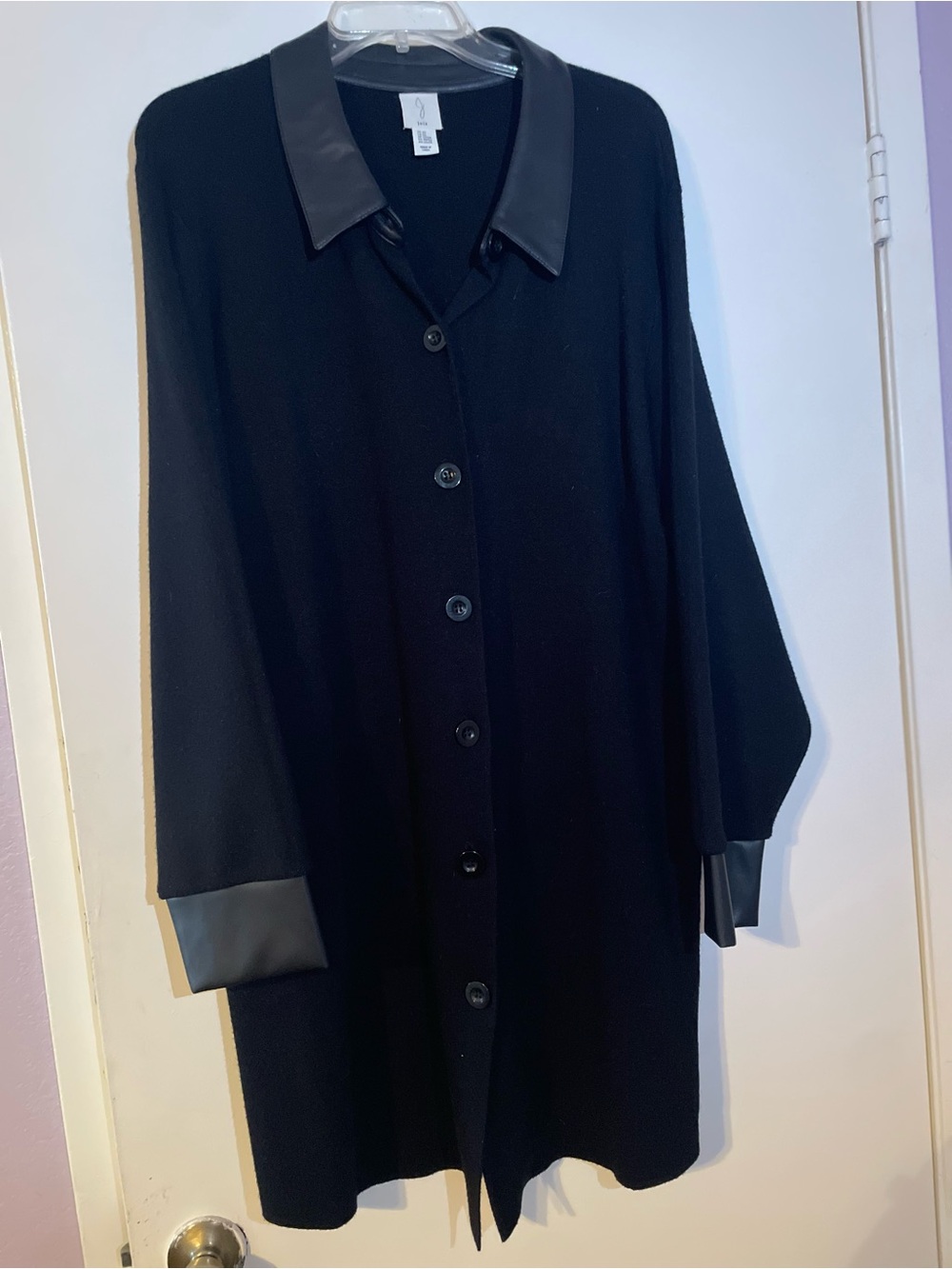 Joie Black Long-Sleeve Button-Front over-coat with Faux Leather Trim